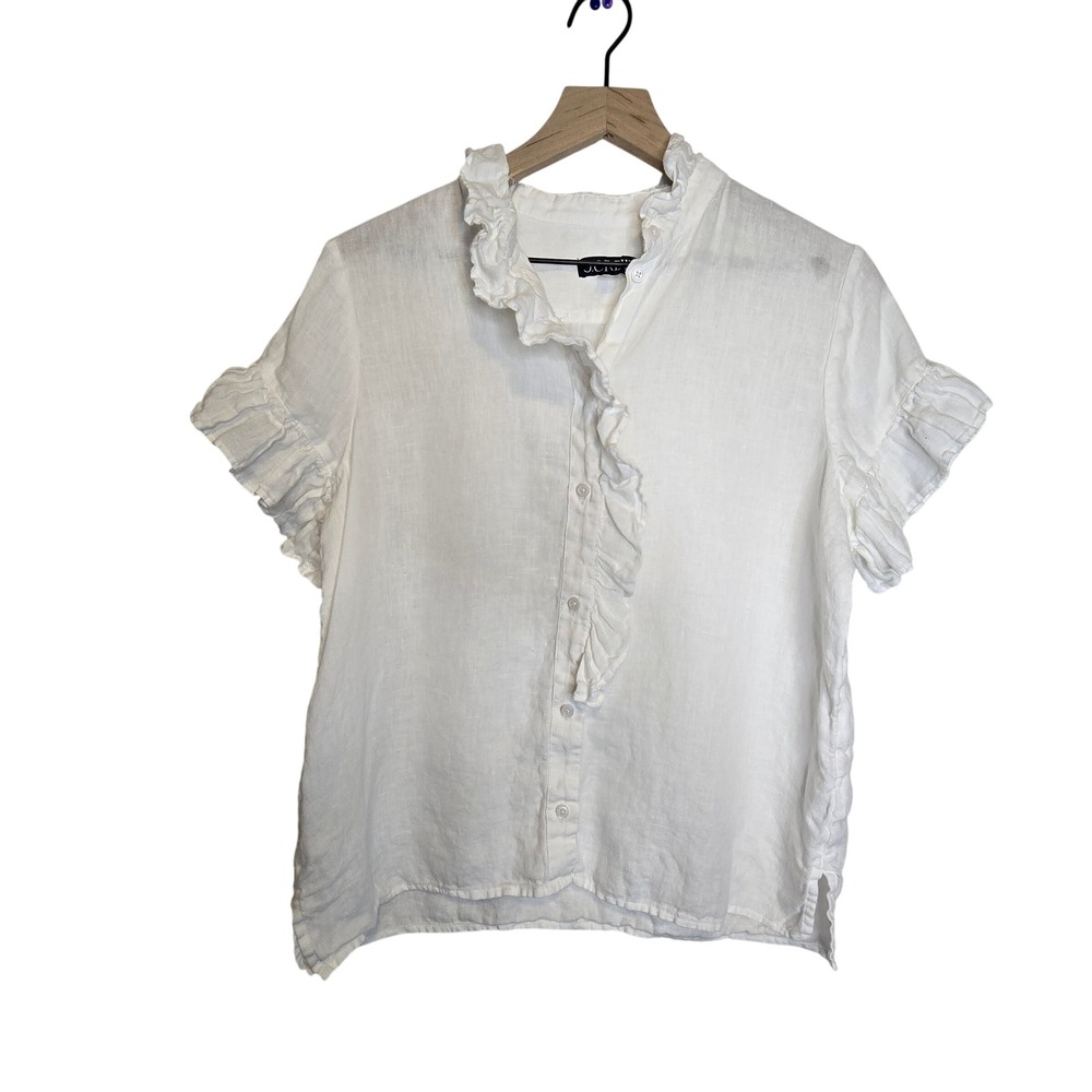 J.Crew Ruffle-Trim Linen Top Womens 6 White 100% Linen BP770 Cottagecore Coastal